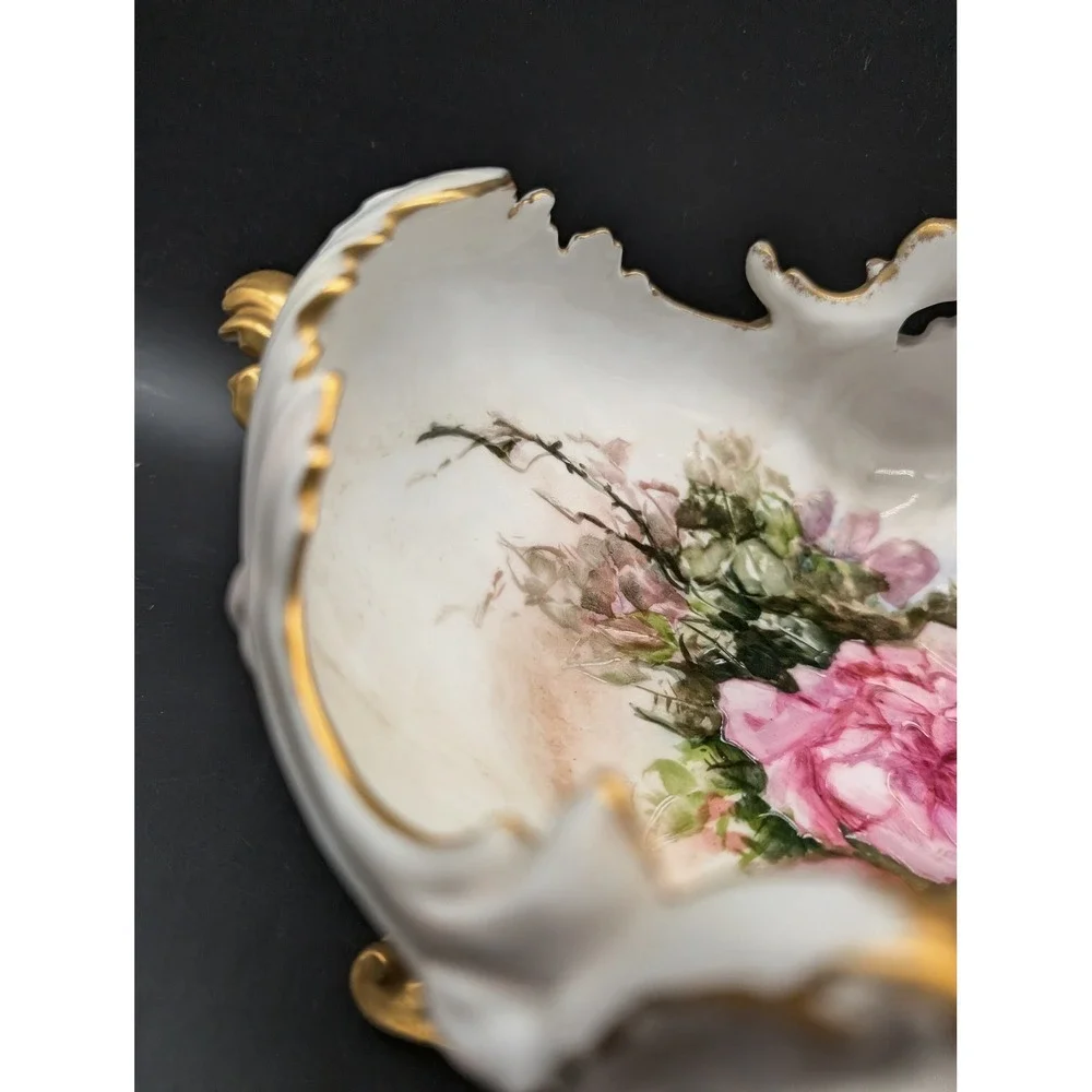 Vintage Hand Painted Floral Porcelain Centerpiece Bowl Gold Gilt Cherub Footed